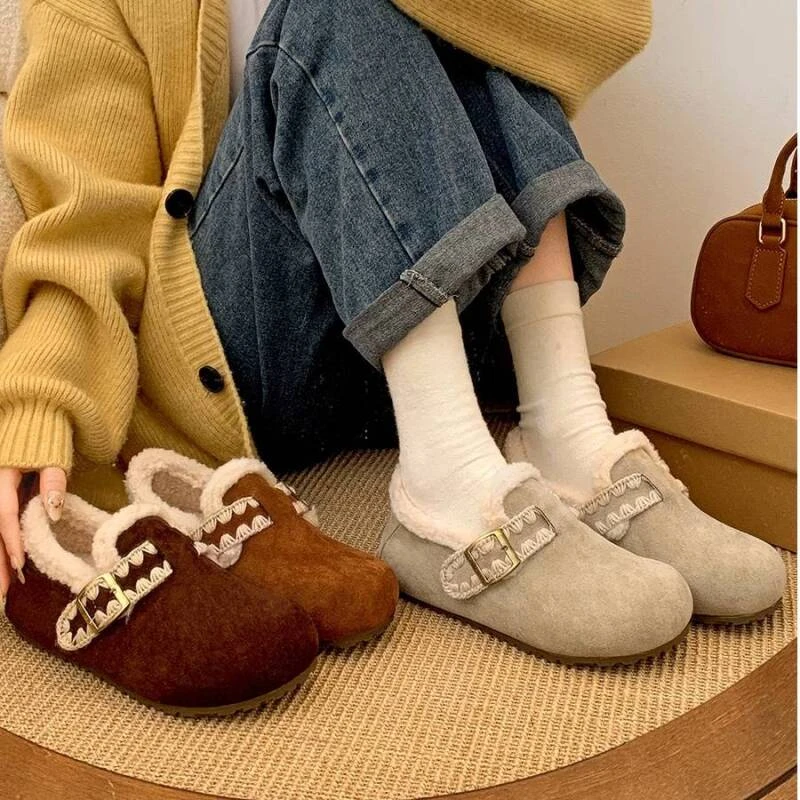 复古内增高勃肯棉鞋女2025爆款冬季加绒厚底一脚蹬刺绣花边保暖鞋