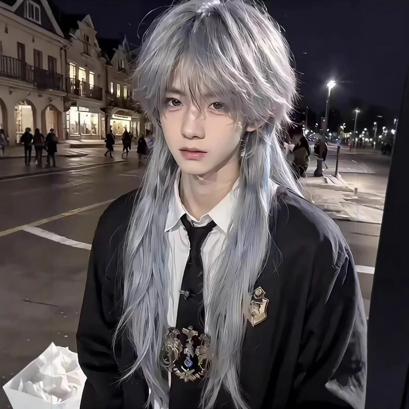 惠丽丝假发亚比少年灰蓝渐变水母鲻鱼头二次元自然仿真整顶全头套