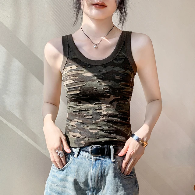 美式迷彩吊带背心女2025春季新款修身破洞设计感别致开衫内搭上衣