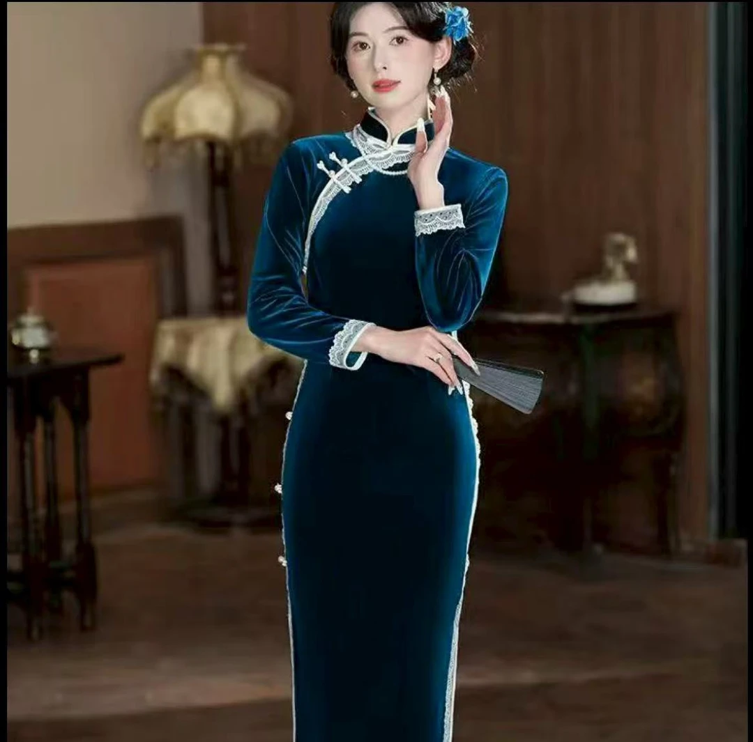 何长袖丝绒旗袍秋冬2025新款高端修身黑色年轻款改良小个子老上海