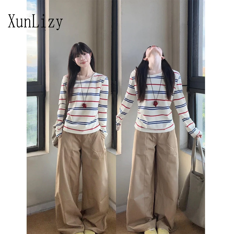 小众条纹斜肩长袖t恤女秋冬内搭短款打底衫辣妹修身韩系时尚上衣