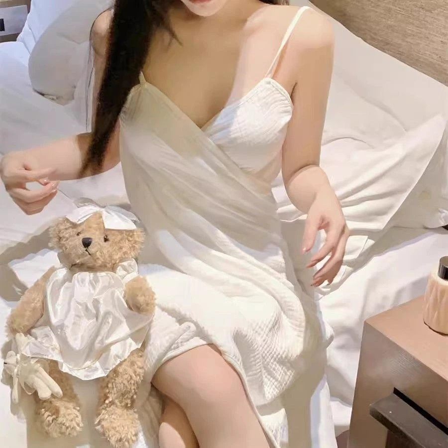 纯欲风韩版浴巾四层纱布浴裙速干一片式睡裙轻薄棉纱法式露背露肩