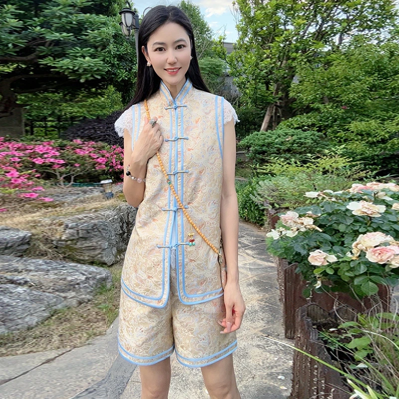 浒城古娘国风印花百搭气质宋锦马甲短裤套装WH0500444+WH0500445