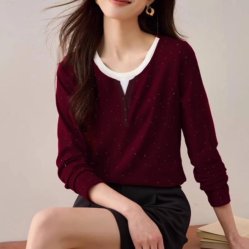 春季撞色假两件V领正肩亮片长袖T恤新款气质上衣-冷水清洗勿浸泡