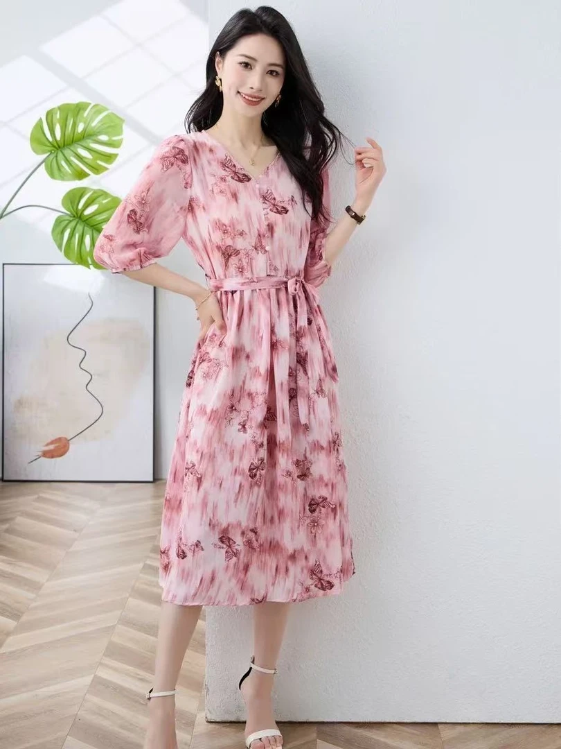 24616 常规领桑蚕丝夏季连衣裙收腰裙夏季时尚款