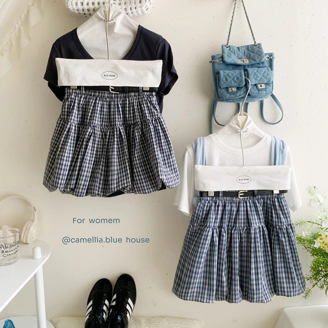 复古少女小个子拼接南瓜花苞短裙女夏防走光显腿长蓬蓬A字半身裙