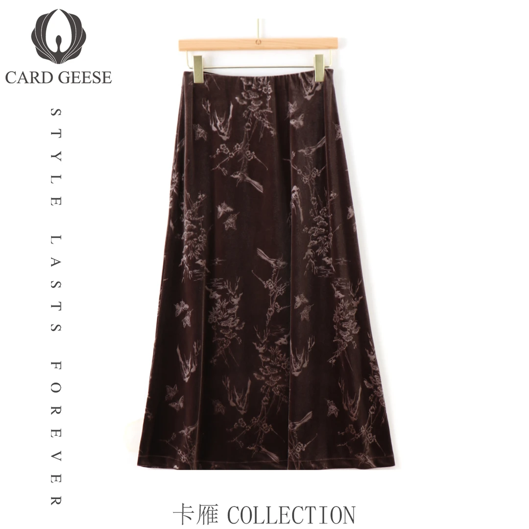 卡雁25新款高端丝绒水墨碎花显瘦女装半裙MYJ2-25S780-D925294