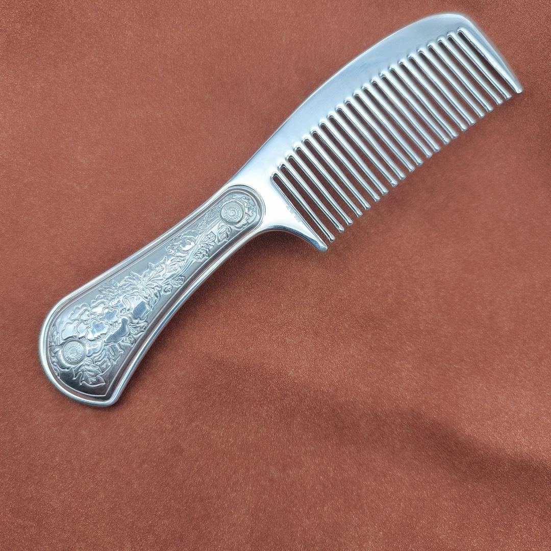 足银银制品 银制品 手工錾刻百福古风中式银梳子