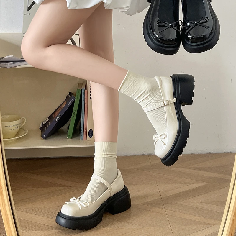 仙女风蝴蝶结一字带玛丽珍鞋女2025新款夏季配裙子粗跟增高小皮鞋