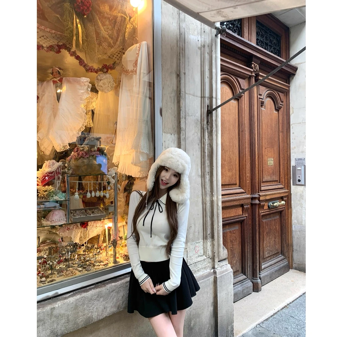 【南洋学姐】2026春季韩系学院风撞色polo领针织衫长袖上衣短裙套装