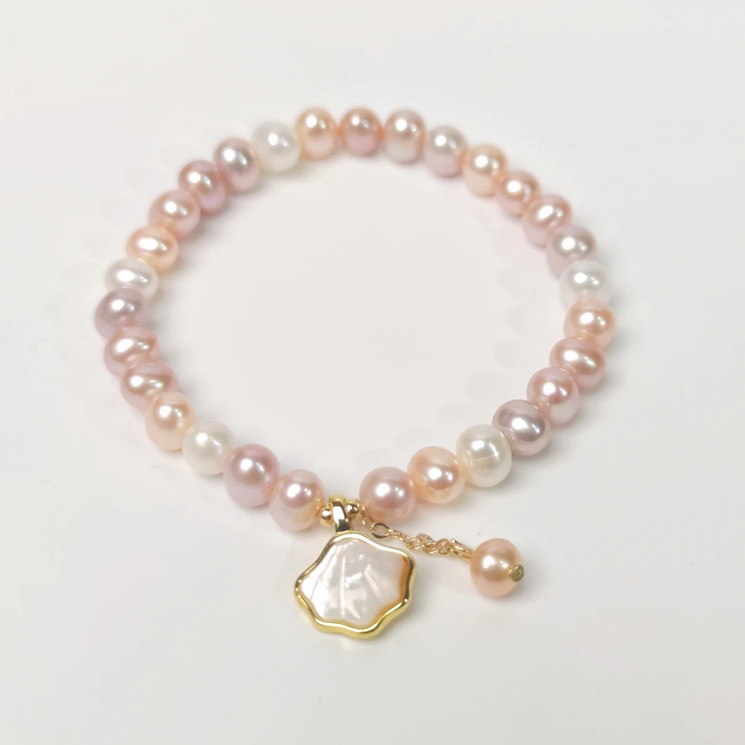 6-7mm天然淡水珍珠糖果色贝母弹力绳珍珠手串0918