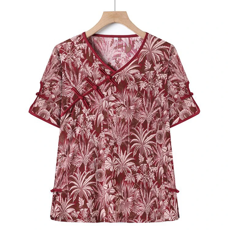 印花小衫中老年女装修身型百搭显瘦圆领V领大码夏装T恤薄款