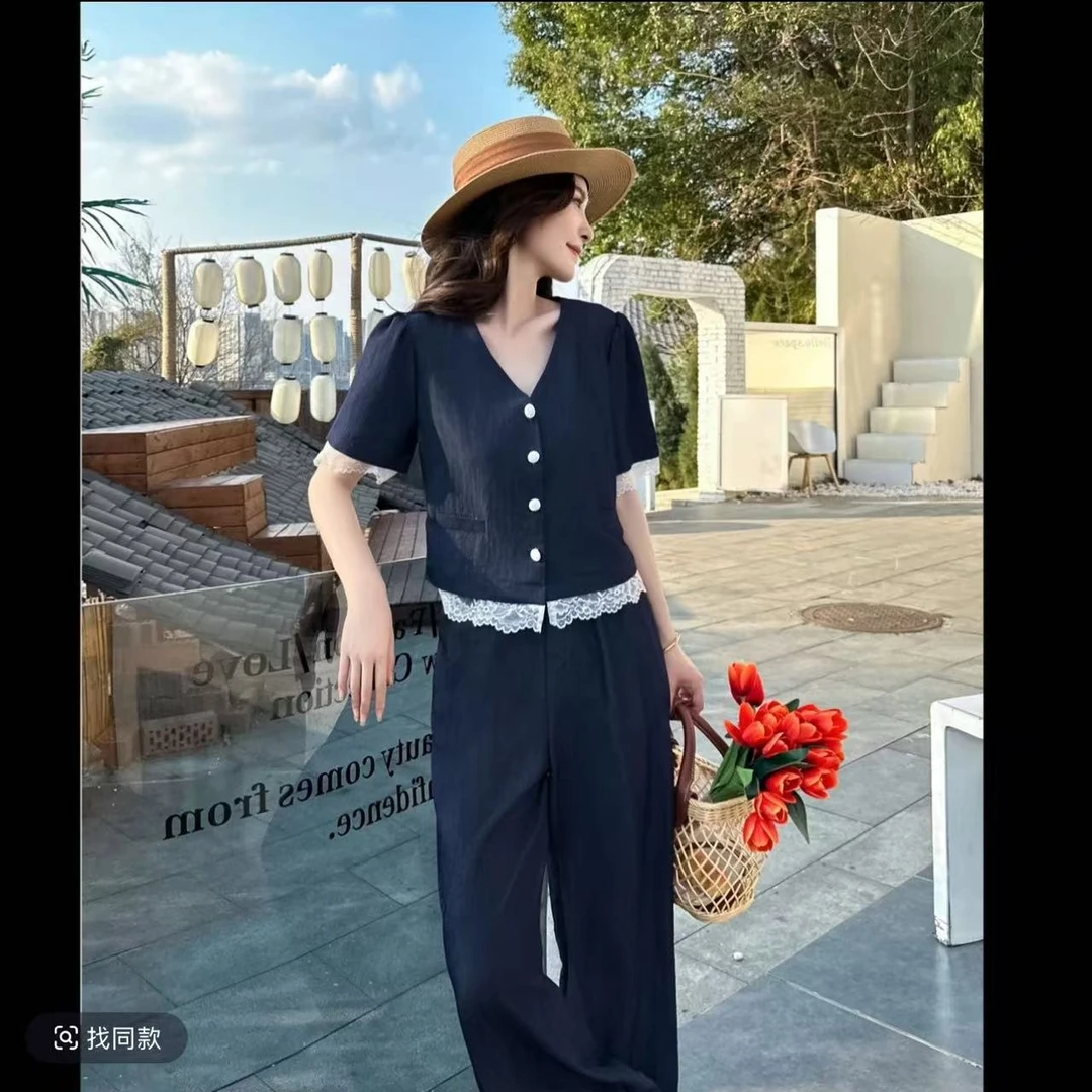 305法式蕾丝拼接2025年夏季新款收腰显瘦宽松上衣阔腿裤两件套