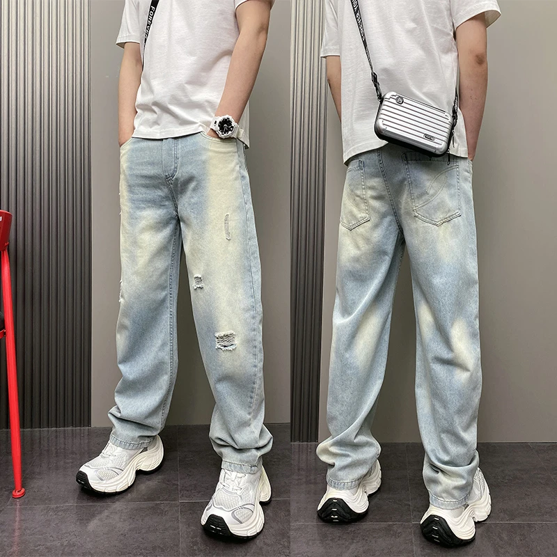 2025年春夏季潮流韩版痞帅宽松哈伦裤青年男士蓝色水洗休闲牛仔裤