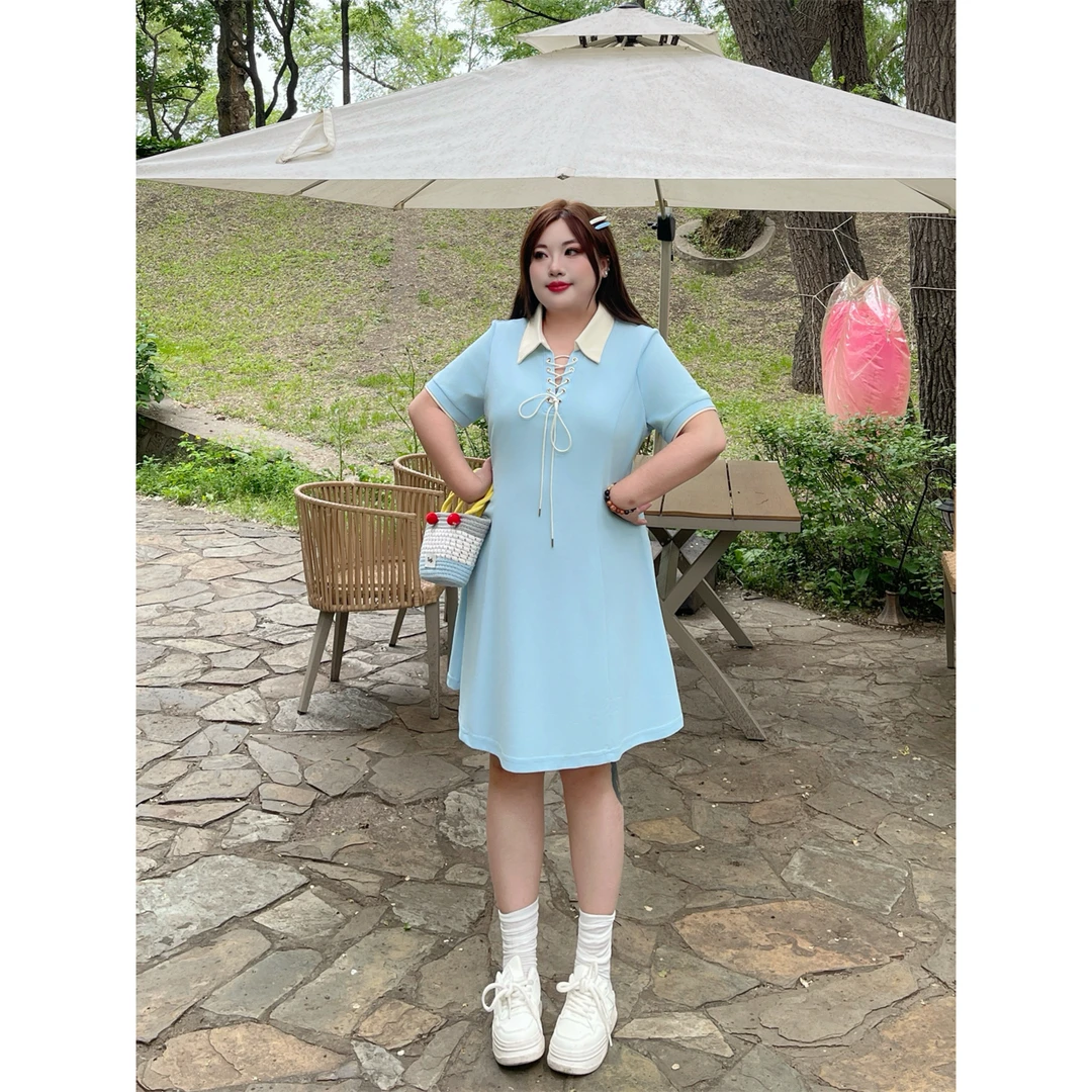 断码捡漏C蜜桃风语 / 韩系系带款POLO领连衣裙15167花契大码200斤