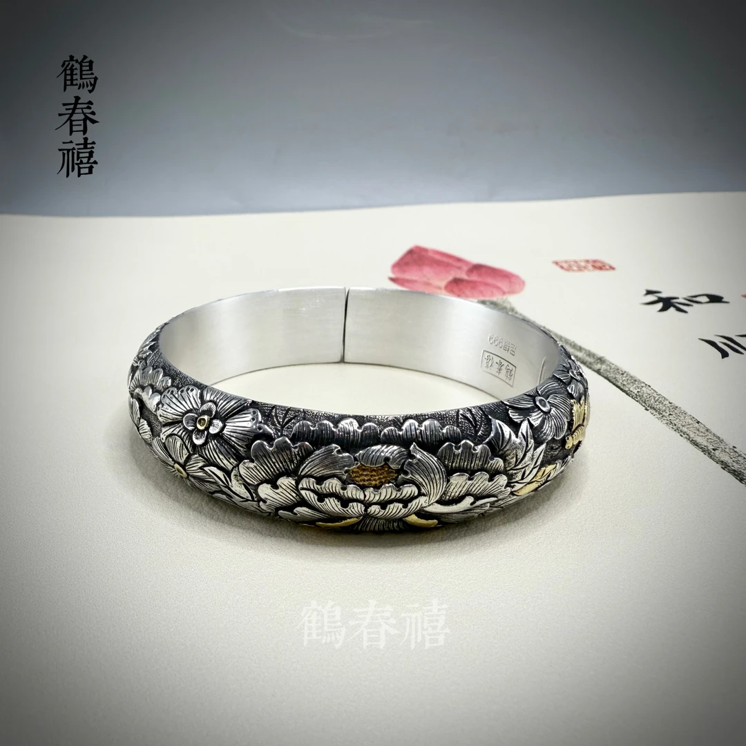 足银手镯 施菊平作品 足银999精工百花手镯
