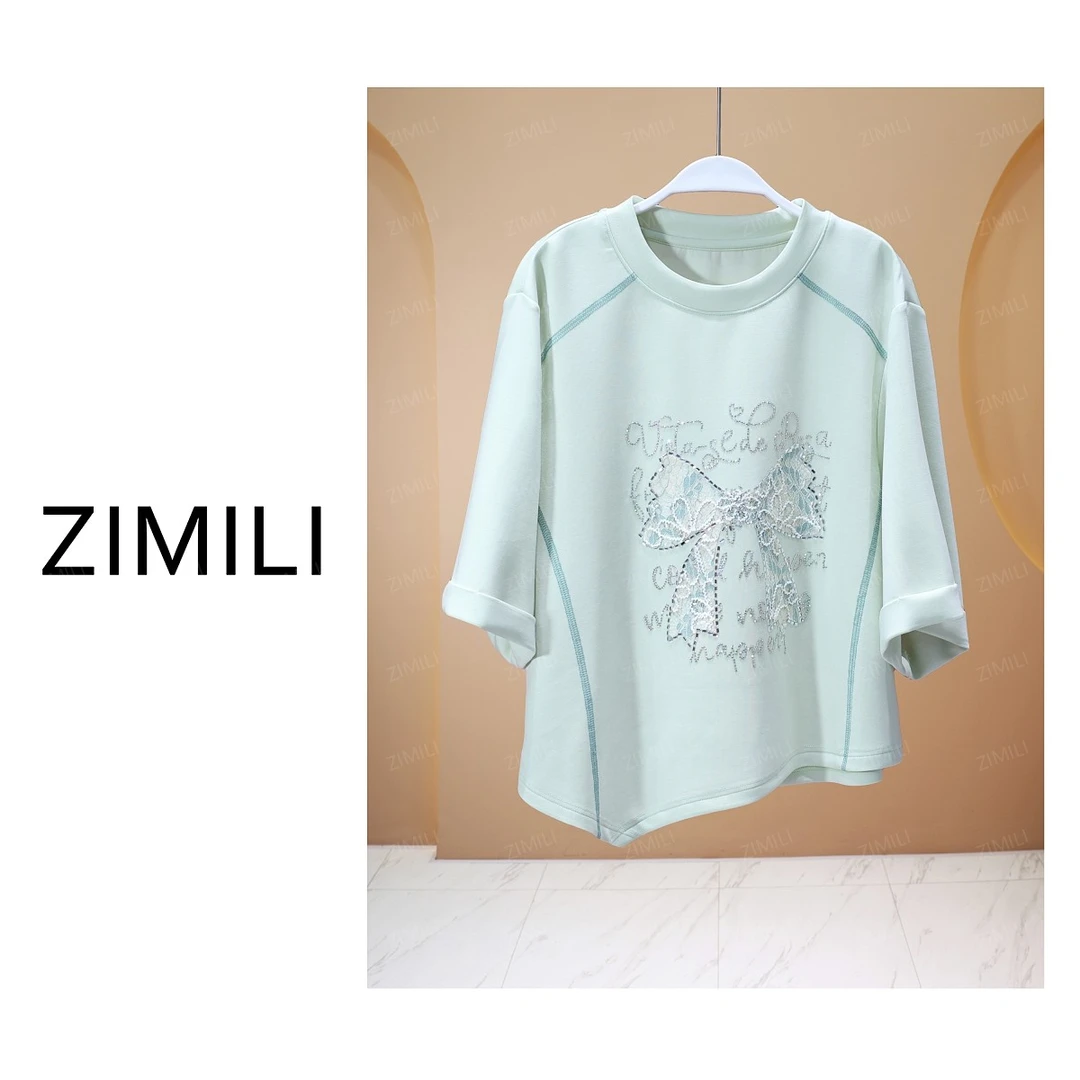 【亮哥女装】2025欧版碧泉绿不规则下摆刺绣烫钻时尚休闲短袖8589