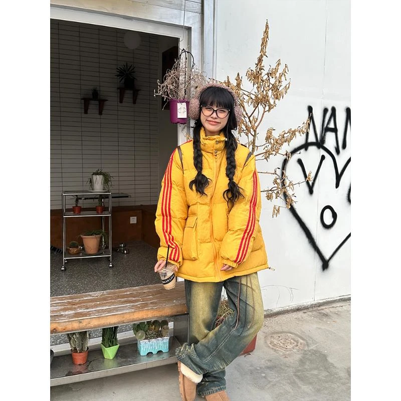 Uoglod 复古美式条纹撞色棉服外套冬季宽松街头情侣款面包服棉衣