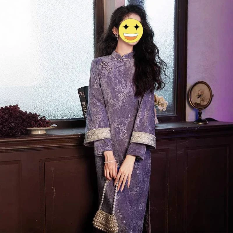 秋冬新中式长袖民国大小姐旗袍新款改良中国风少女复古连衣裙子哒