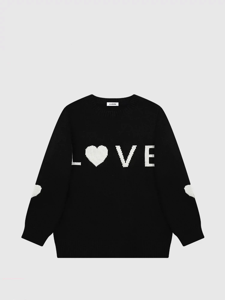 DD-7099爱心女毛衣黑色时尚圆领提花印花上衣