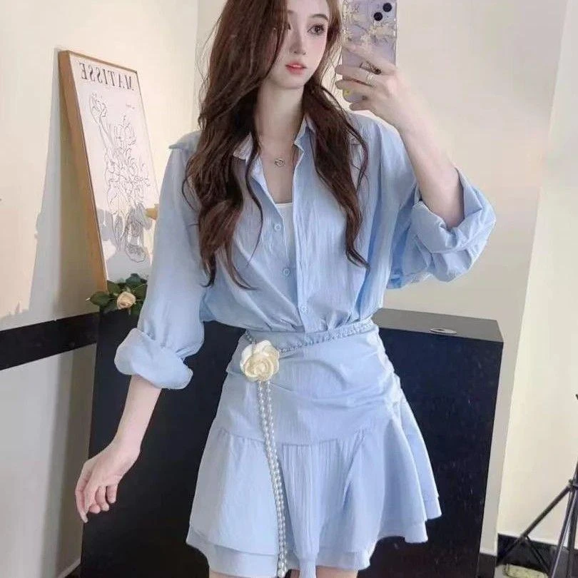 甜美设计感假两件长袖衬衫连衣裙女2025春季新款酷飒风女装高级感