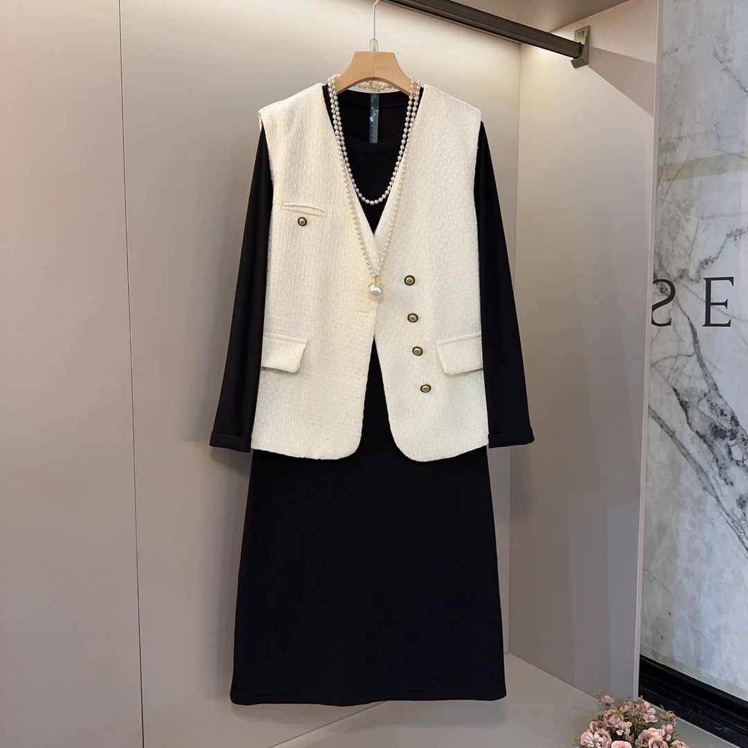 胖MM秋季气质通勤小香风V领马甲时尚百搭两件套大码显瘦女装2615