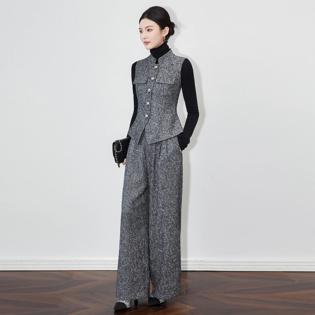 南油轻奢高端千金小香风烫银粗花呢马甲阔腿长裤时尚气质两件套装