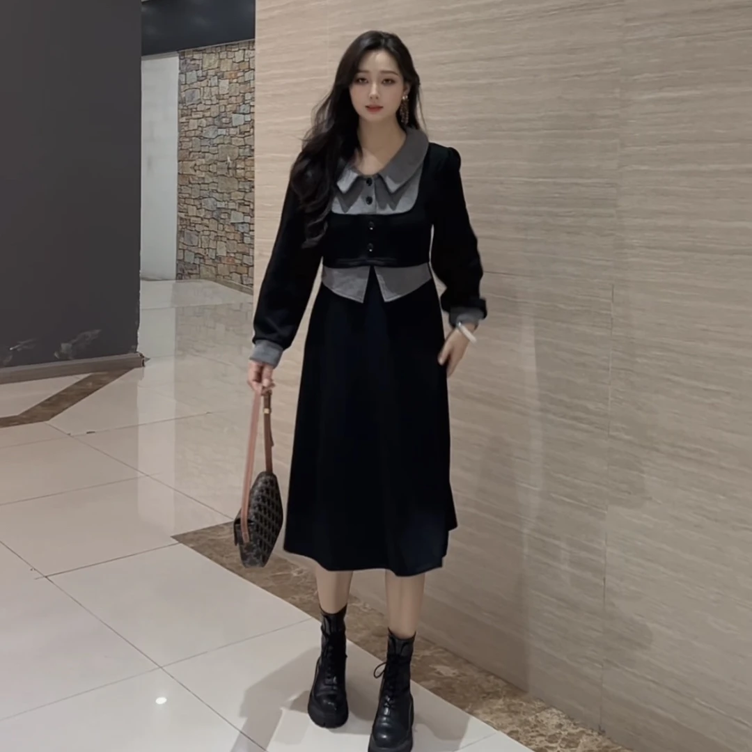 （铭选）3519微胖穿搭秋冬新款韩系通勤风拼接假两件气质显瘦连衣裙
