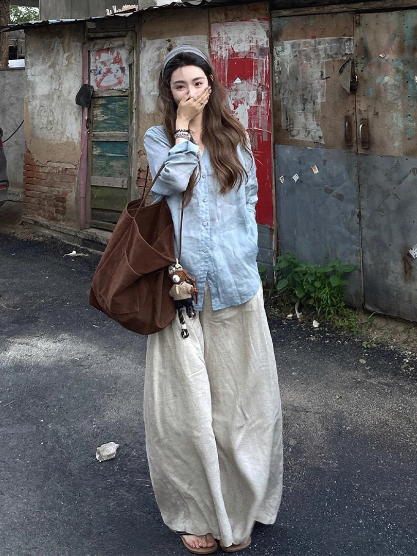 2025超火早秋一整套时尚高级感气质通勤风简约蓝色衬衫休闲裤套装