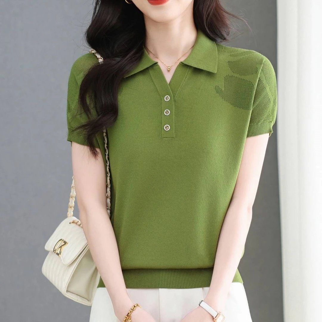 25新款天丝女士polo领口排扣设计感宽松遮肉短袖上衣
