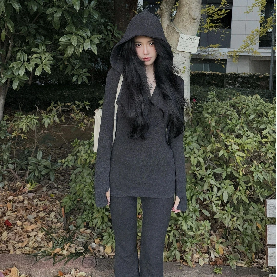 parkyeon法式气质灰色修身显瘦连帽上衣高腰显瘦休闲微喇叭裤套装