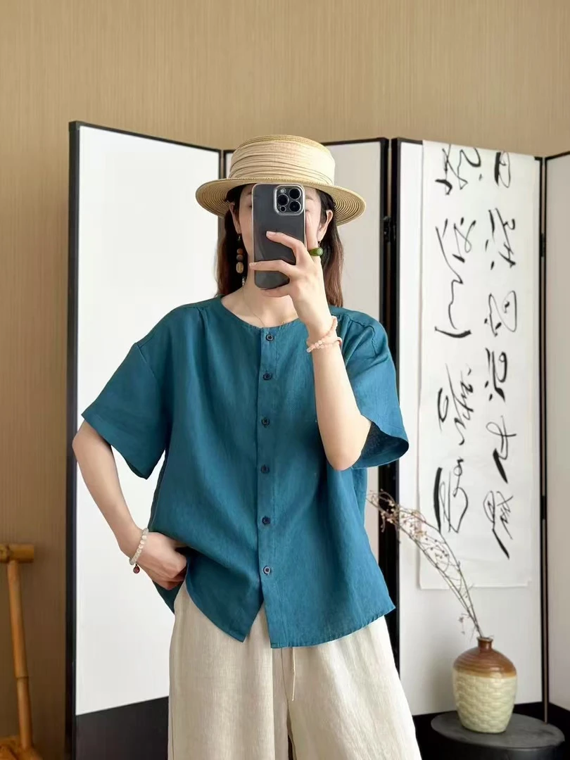 9050【100%进口亚麻】开扣短袖宽松衬衫简约高级