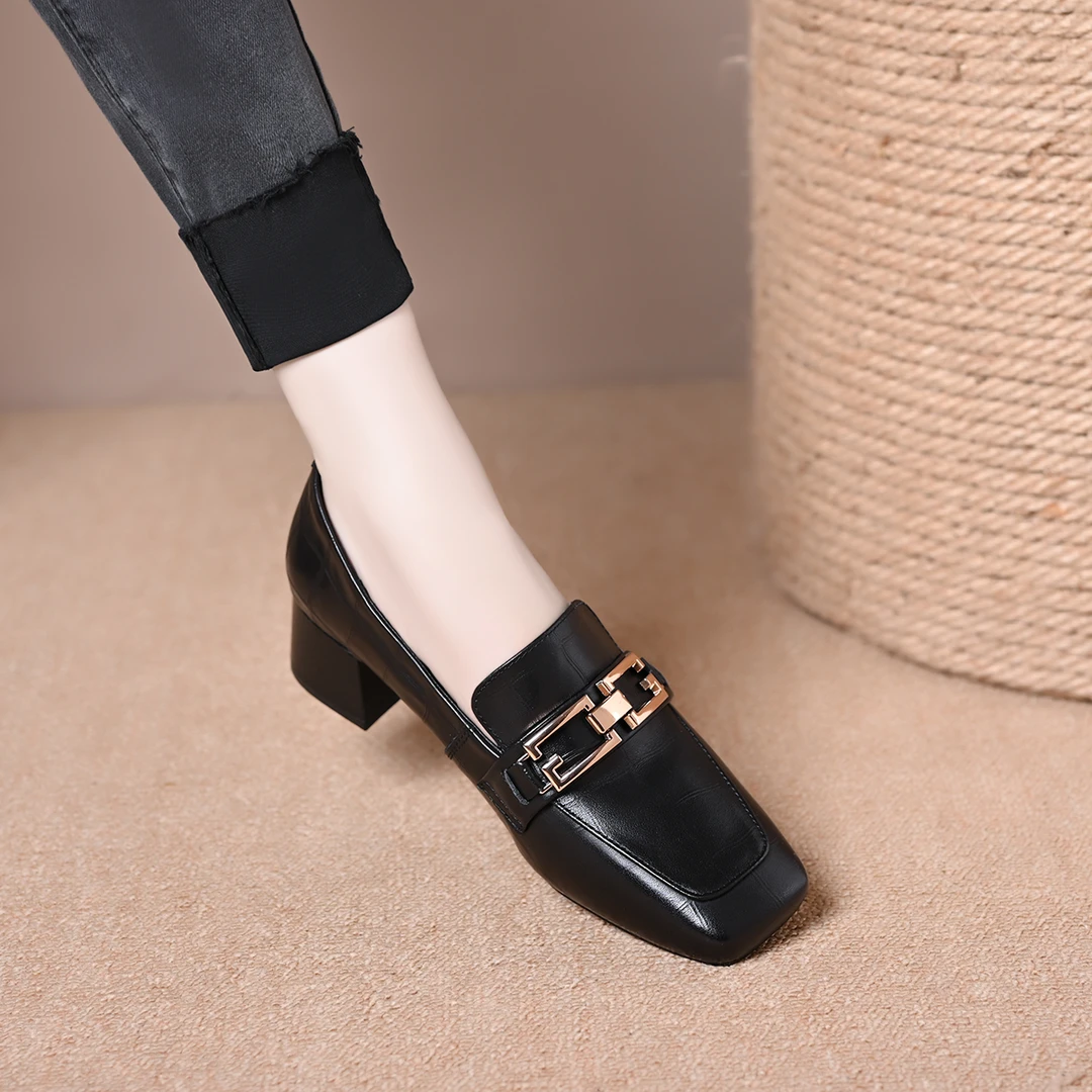 单鞋女粗跟方头小皮鞋2025春夏新款女鞋英伦风一脚蹬乐福鞋中跟鞋