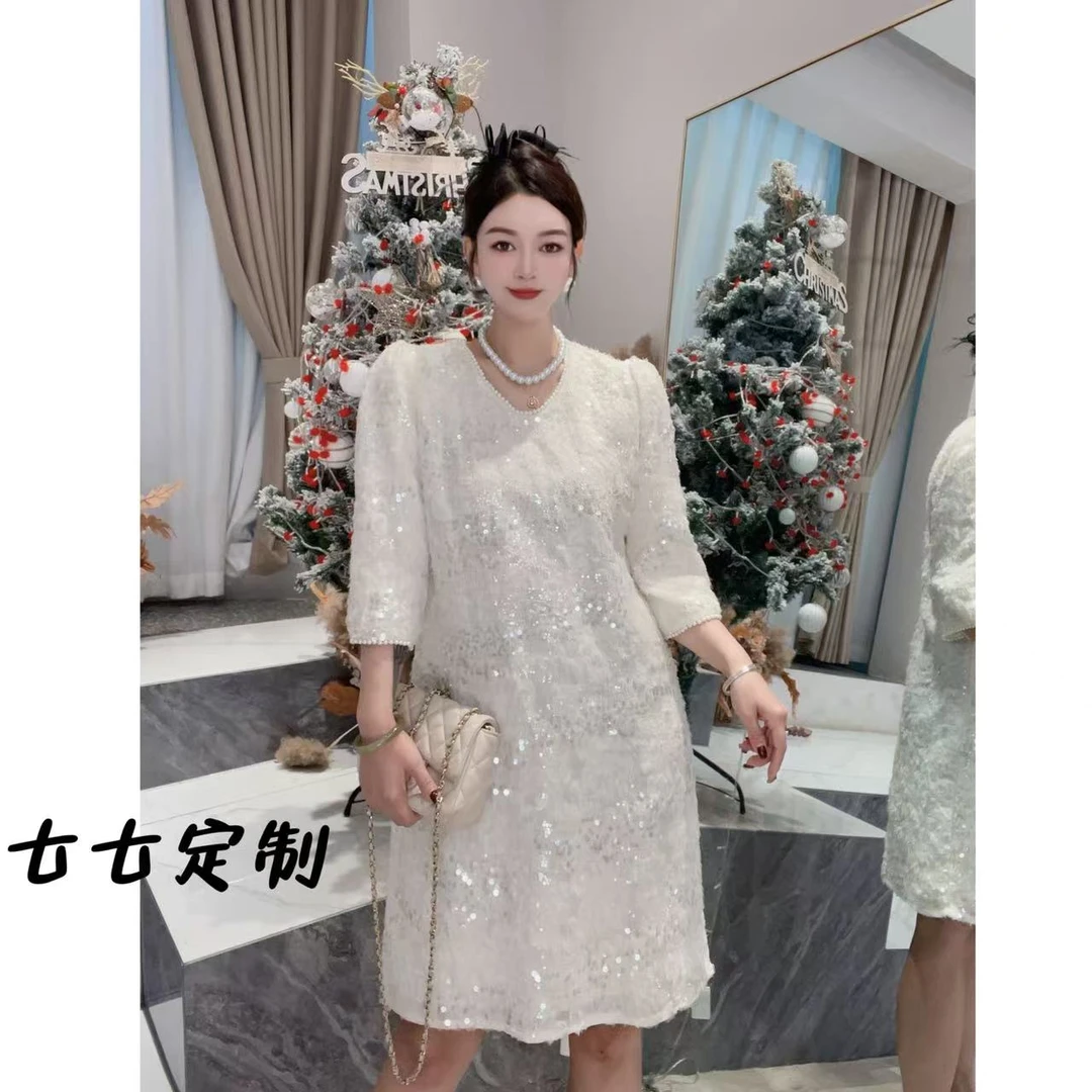 ［璀璨星河］七七定制亮片高级感重工奢定V领连衣裙0789