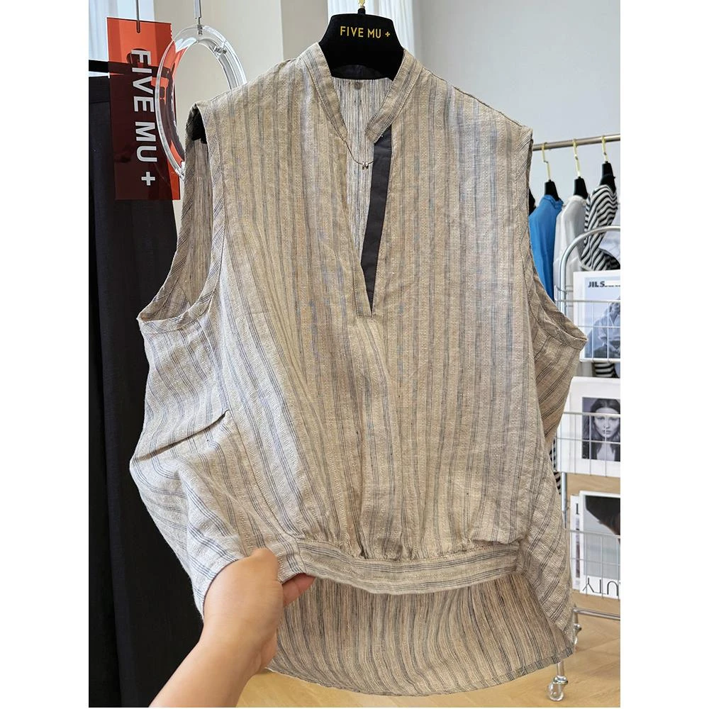 300斤加大码夏季设计感独特别致洋气高端纯亚麻条纹无袖衬衫男款2