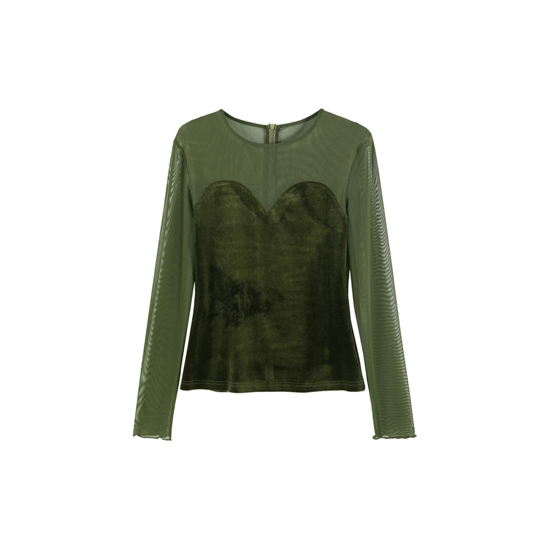 DENGDAHA 优雅风丝绒拼接网纱修身内搭上衣HBZX641482