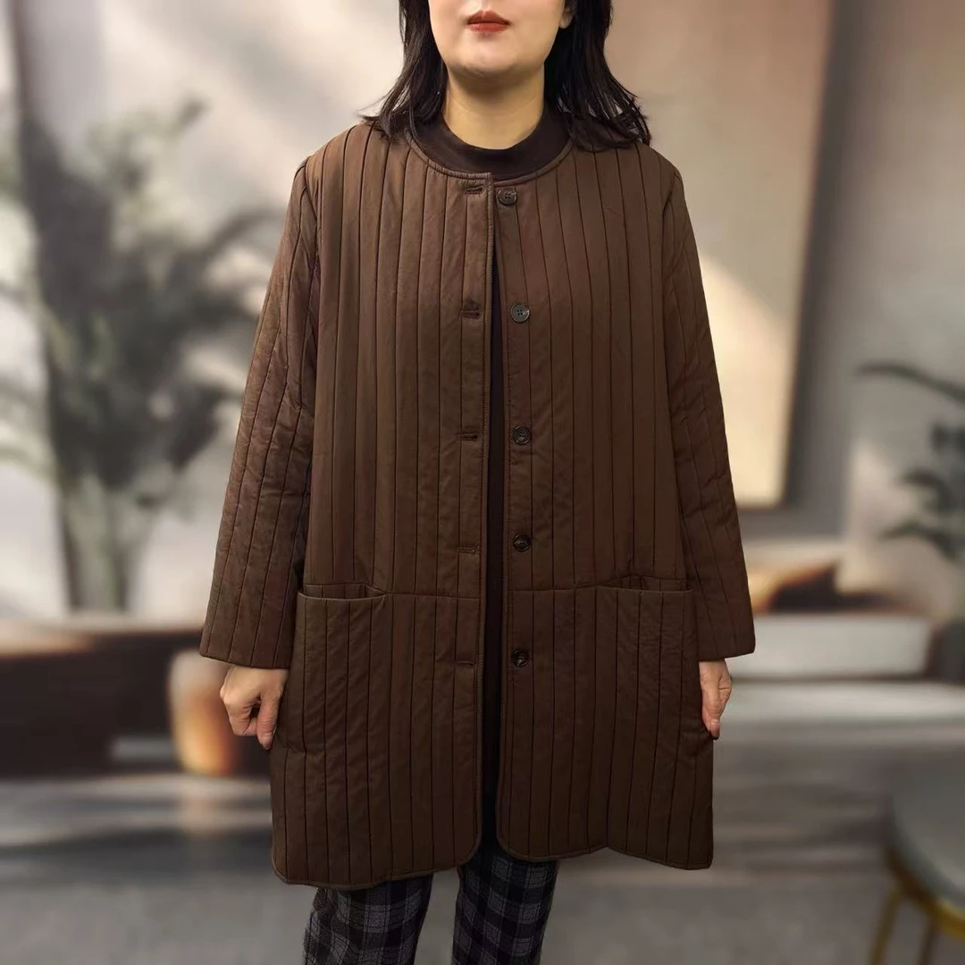 T-147冬季设计感条纹正肩A版显瘦宽松大码圆领加厚外套棉服