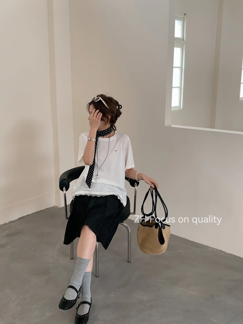 172556 韩系蝴蝶结雪花棉短袖T