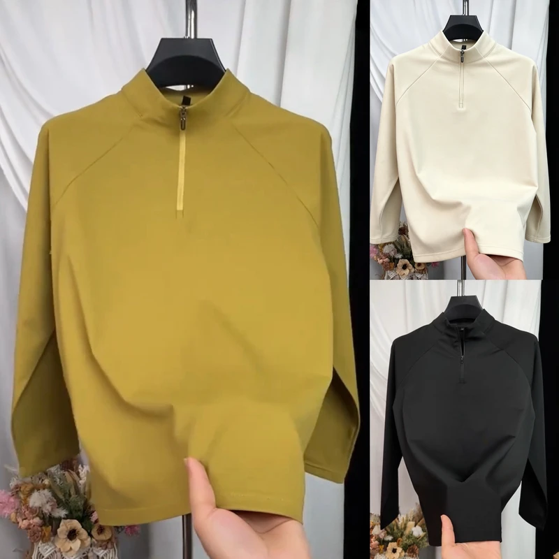 秋冬新款磨毛半拉链立领卫衣男士高档简约纯色百搭保暖长袖打底衫