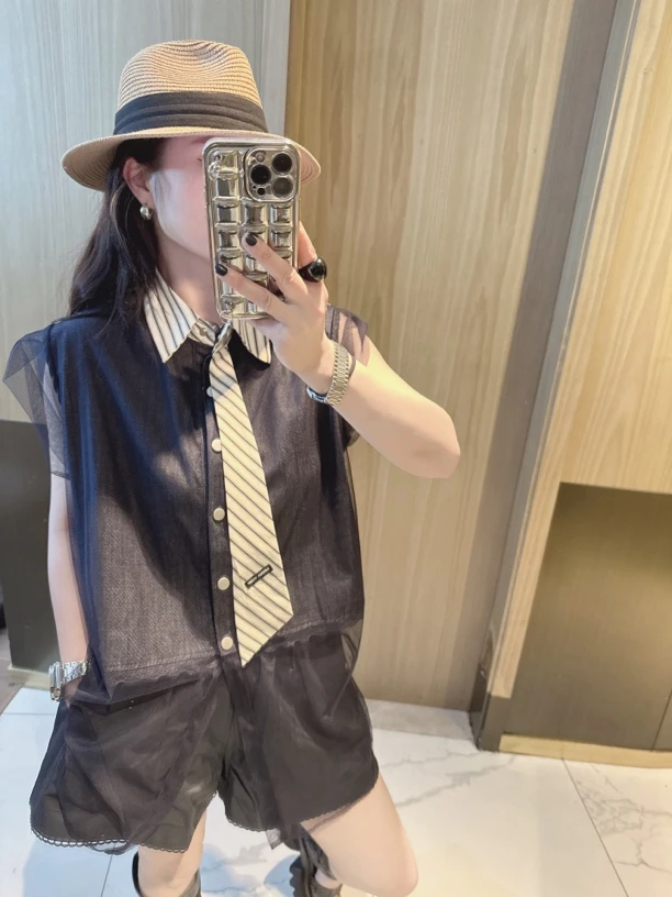 夏季新款网纱拼接无袖坎肩衬衫女洋气百搭假两件时尚上衣