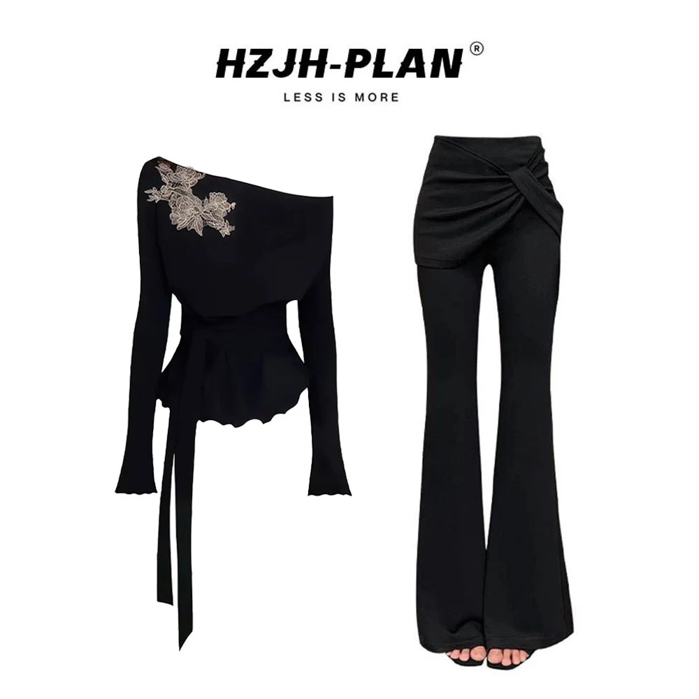 【同款性价比】新中式国风不规则斜肩长袖T恤上衣微喇休闲裤套装女