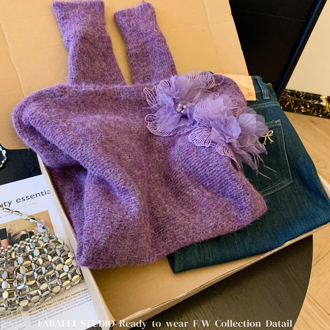 超好看紫色立体花朵毛衣女2025秋冬款套头软糯针织衫法式绝美上衣