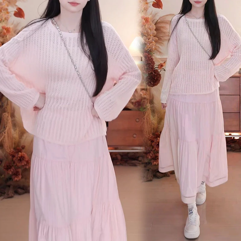 2025年春秋夏季新款韩版时尚两件套女针织衫配中长款半身裙套装潮