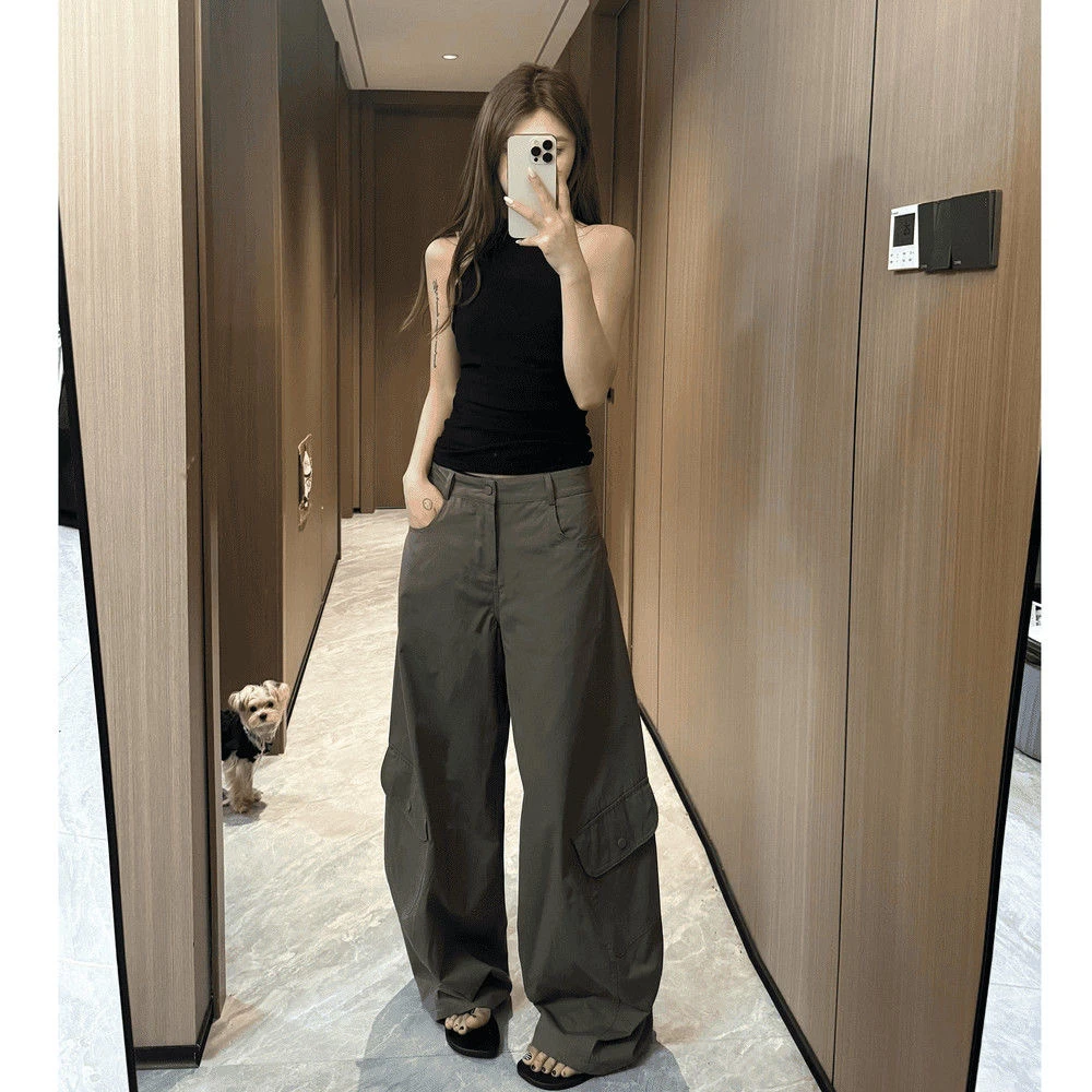 新款美式复古潮流辣妹高腰直筒休闲裤子女秋季修身显瘦弹性弯刀裤