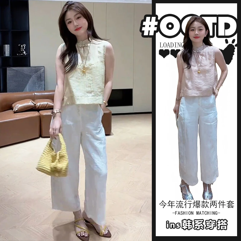 2025夏季中国风时尚套装新中式减龄简约休闲裤无袖上衣两件套