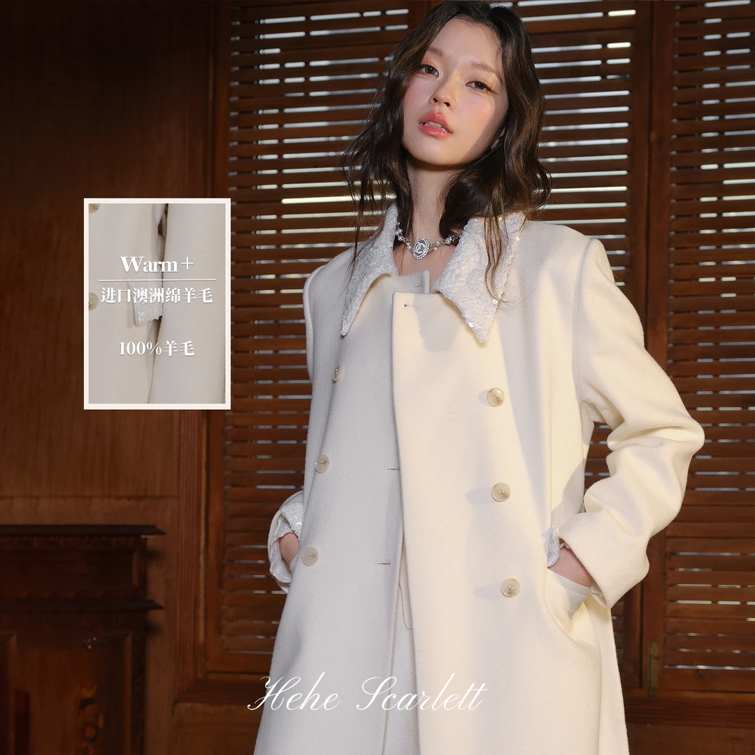 【11/24上新】月色诗章 密叠珠片绣100美丽诺羊毛长款腰带大衣外套