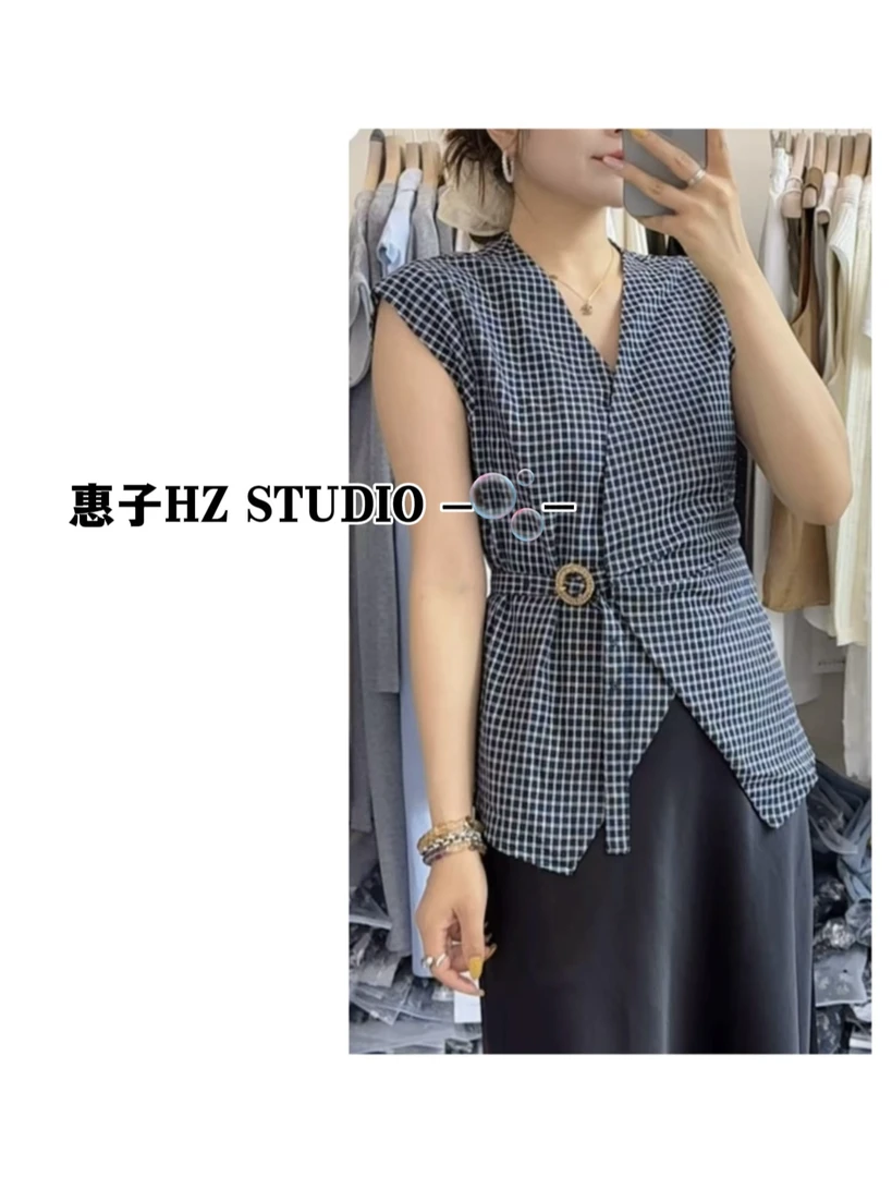 惠子家夏季新款时尚百搭格子小V领上衣099