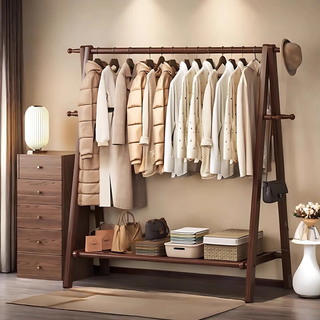 胡桃色实木挂衣架落地卧室放脱下的衣服家庭客厅高级感折叠衣帽架