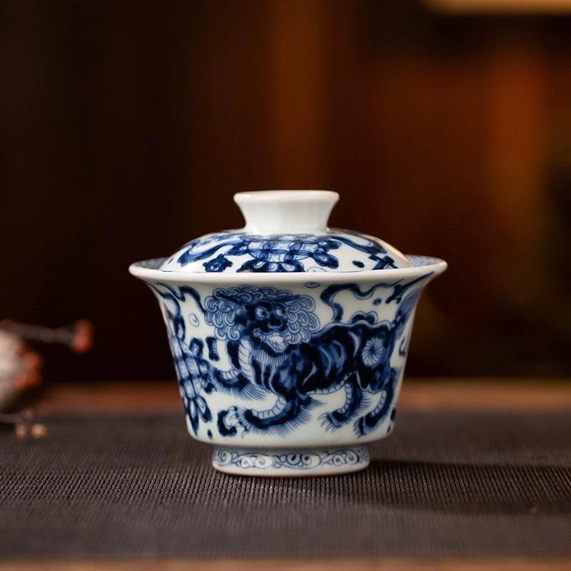 景德镇陶瓷仿古泥青花双狮滚绣球二才盖碗可悬停家用泡茶碗茶具