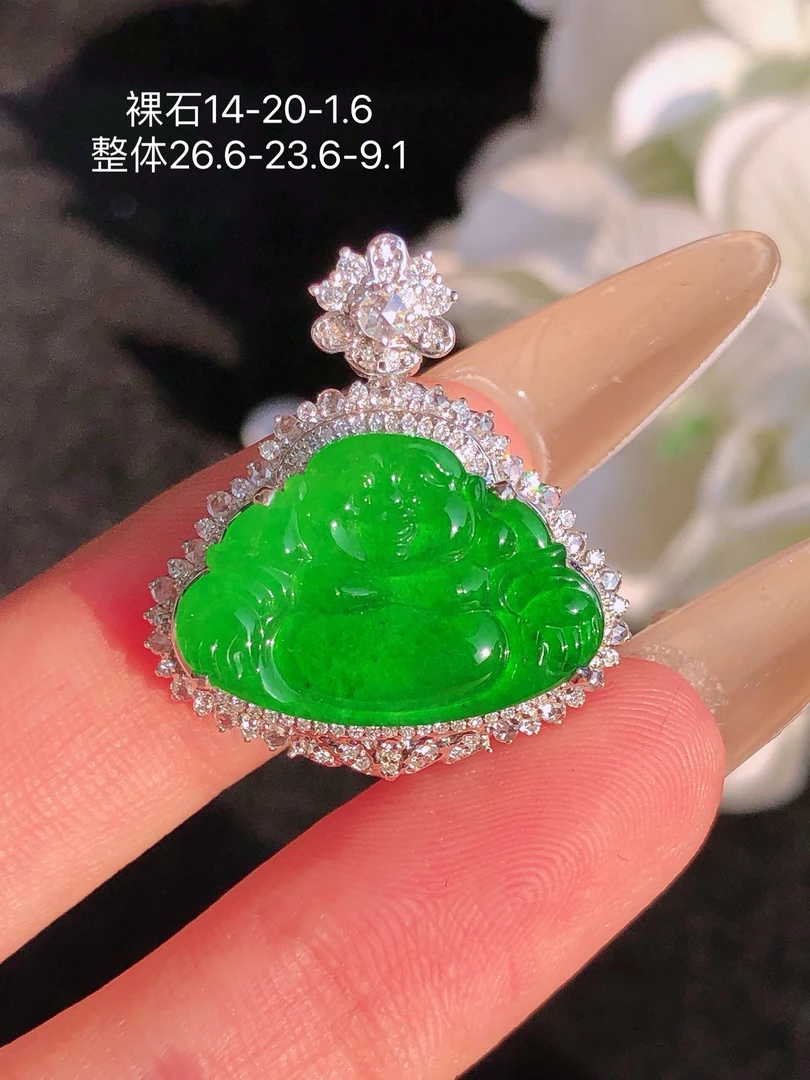 天然缅料翡翠A货 阳绿佛公吊坠18k金镶钻绿色满绿冰阳绿帝王绿